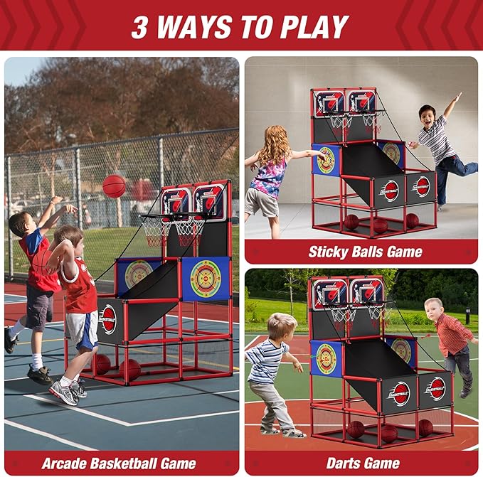 2 in 1 Dual Shot Basketball Arcade Game with 2 Dart Boards/Electronic Scoreboard/LED Light, Kids Basketball Hoop for Home Indoor Outdoor, Sport Toys Gifts for Boys Girls-BubblyBeeBaby