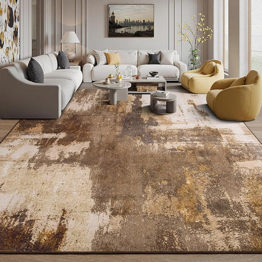 Kelarea Living Room Rug, 9x12 Rug Modern Abstract Washable Rugs, Brown Vintage Low Pile Carpet, Non Slip Large Rugs for Bedroom, Dining Room, College Dorm, Home Office-BubblyBeeBaby