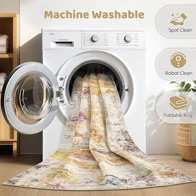 10x14 Area Rugs Living Room: Washable Large Abstract Modern Soft Stain Resistant Indoor Floor Rugs Non-Slip Accent Carpet for Bedroom Nursery Playroom Office Dining Room Dorm Home House- Gold Colorful-BubblyBeeBaby