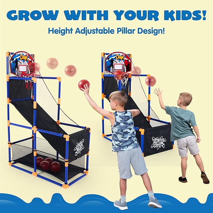 JOYIN Arcade Basketball Game Set with 4 Balls and Hoop for Kids 3 to 12 Years Old Indoor Outdoor Sport Play - Easy Set Up - Air Pump Included - Ideal for Competition-BubblyBeeBaby