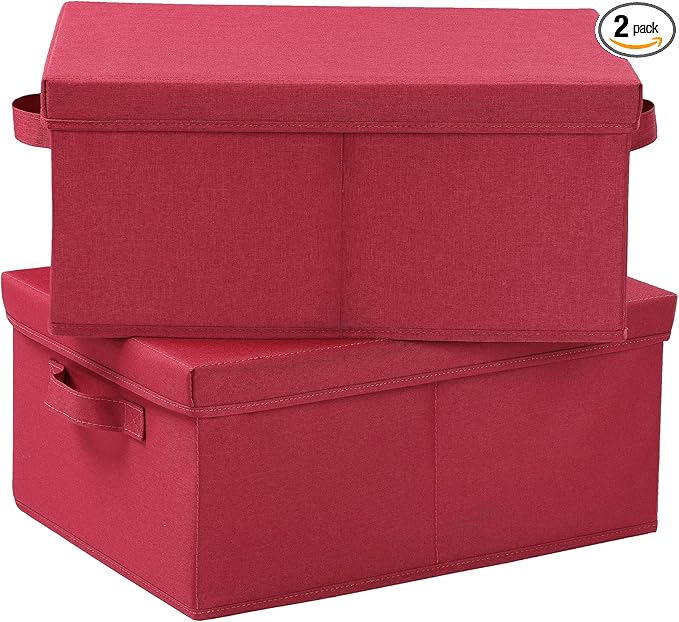 HOONEX Storage Bins with Lids for Organizing, Pack of 2, Storage Boxes with 2 Carrying Handles and Sturdy Heavy Cardboard, 16.5" L x 11.8" W x 7.5" H for Shoes, Books, Clothes, Red-BubblyBeeBaby