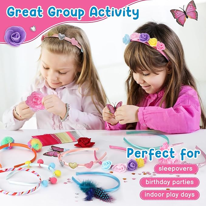 Headband Making Kit for Girls, DIY Hair Accessories Craft Set Make 12+ Fashion Headbands for Kids 5-12, Art Supplies with Ribbons & Charms, 5 Year Old Girl Birthday Gift Ideas, Girls Fashion Gift-BubblyBeeBaby