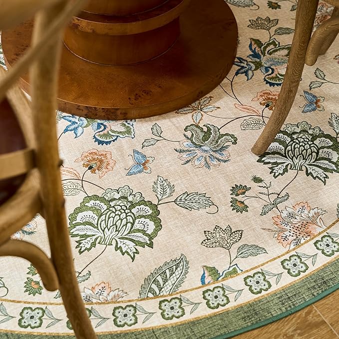 jinchan Floral Corner Rug for Living Room Washable Bedroom Rug Vintage Romance Design Non Slip Quarter Circle Lightweight Low-Pile Throw Carpet for Reading Nook Playroom,7ft Radius, Green/Beige-BubblyBeeBaby