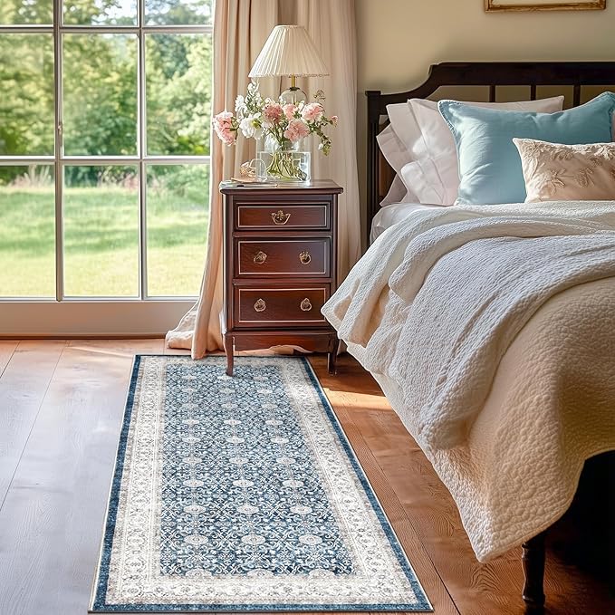 jinchan Runner Rug 2x7 - Machine Washable Dark Blue Vintage Floral Distressed Design Soft Non-Slip Low-Pile Ultra-Thin Runner Rug for Kitchen Hallway Laundry Room Entryway Farmhouse (2‘x7',Dark Blue)-BubblyBeeBaby