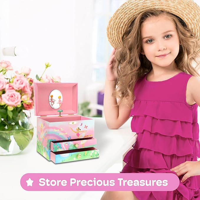 Jewelkeeper Jewelry Box for Girls - Spinning Ballerina Doll to Swan Lake Tune Music Box - Pink Jewelry Boxes for Girls with 2 Drawers - Ideal for Storing Necklaces and Bracelets - 7Lx5Hx6W Inches-BubblyBeeBaby