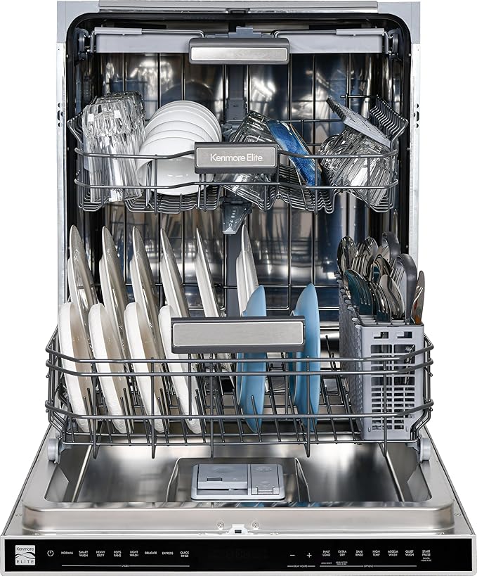 Kenmore Elite 24" Built-In Dishwasher - UltraWash Plus, TurboDry, QuietWash, SmartWash, TurboFlex Third Rack & Reach-Thru Handle - 15 Place Settings - 42 DBA - ENERGY STAR Certified - Stainless Steel-BubblyBeeBaby
