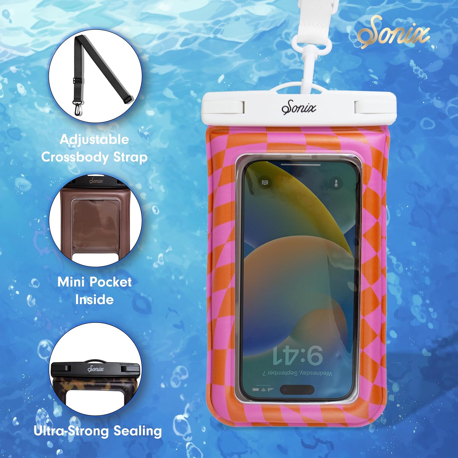Sonix Waterproof Phone Pouch - Floating Phone Case Dry Bag w/Crossbody Lanyard - Beach Cruise Travel Essentials - Compatible w/All Devices, Touchscreen Friendly | Checkmate Pink/Orange