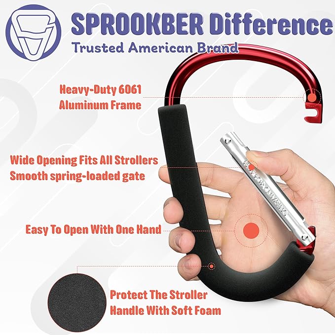 sprookber 6.7 Inch Large Stroller Hooks for Diaper Bags & Purses, Heavy Duty Mommy Hooks for Shopping, Grocery, Backpack – Baby Stroller Accessories, Set of 2 (Red)-BubblyBeeBaby