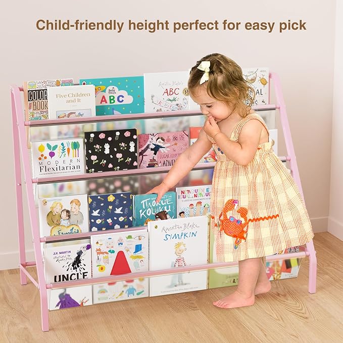 High-Transparent 4 Tier Kids Bookshelf, Sturdy Metal Large Size Book Rack Storage for Kids - Toddler Book Shelf Display for Nurasery, Playroom or Kids Room, Bookshelf Hold More Books - Pink-BubblyBeeBaby