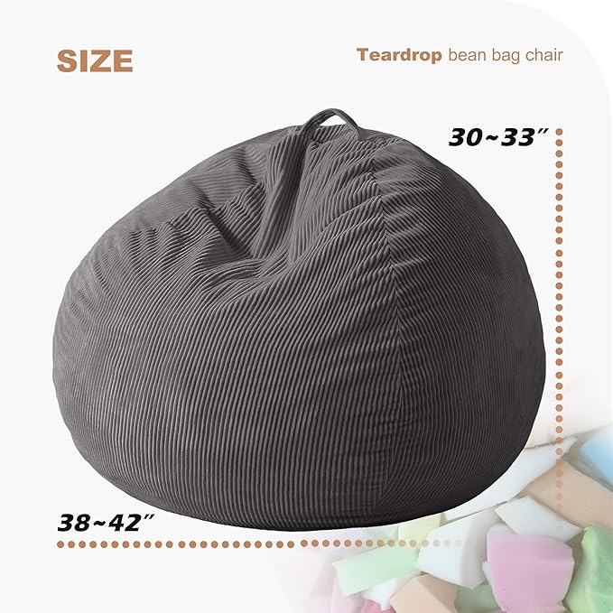 Homguava 3.5FT Bean Bag Chair: Teardrop Bean Bags with Memory Foam Filled, Compact Beanbag Chairs Soft Sofa with Corduroy Cover (Grey)-BubblyBeeBaby