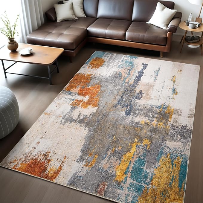 Kelarea Living Room Rug, 5x7 Rug Modern Abstract Washable Rugs Grey Faux Wool Vintage Carpets, Non Slip Rug for Bedroom, Dining Room, College Dorm, Kids Playroom, Home Office-BubblyBeeBaby