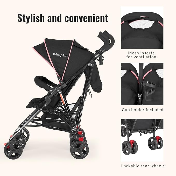 Dream On Me Volgo Twin Umbrella Stroller in Pink, Lightweight Double Stroller for Infant & Toddler, Compact Easy Fold, Large Storage Basket, Large and Adjustable Canopy-BubblyBeeBaby