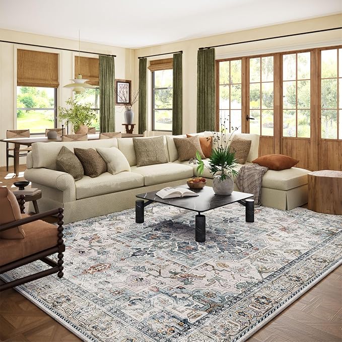 10x14 Area Rugs for Living Room: Washable Bedroom Rug Boho Vintage Rugs Stain Resistant Non Slip Low Pile Soft Lightweight Carpet for Kitchen Dining Room Farmhouse Nursery Kids Room Home Office-BubblyBeeBaby