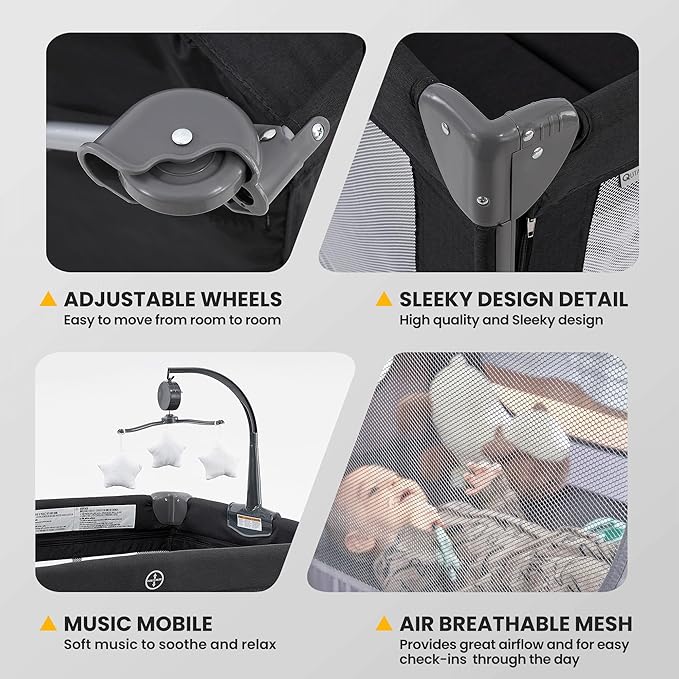 2-in-1 Pack and Play with Mattress,Baby Bassinet Bedside Sleeper, Bedside Bassinet & Baby Playpen, Easy Folding Portable Crib for Newborn to Toddlers (Dark Grey)-BubblyBeeBaby