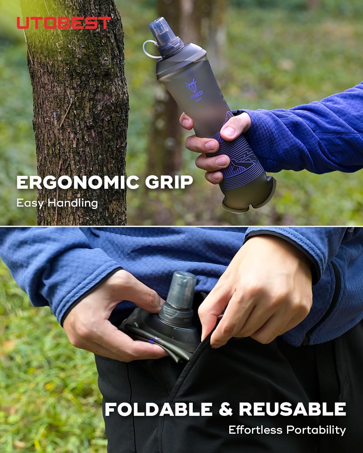 UTOBEST 500ml Soft Flask, 2 Pack Flexible TPU Hydration Water Bottle, Collapsible with 28mm Caliber for Running, Hiking, Cycling, Climbing, and Marathon Purple