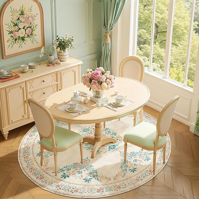 jinchan Round Rug 6ft Area Rugs Vintage Floral Distressed Design,Machine Washable Soft Non-Slip Low-Pile Ultra-Thin Circle Rug for Bedside Living Room Dining Room Bedroom (6' Round, Apricot Multi)-BubblyBeeBaby