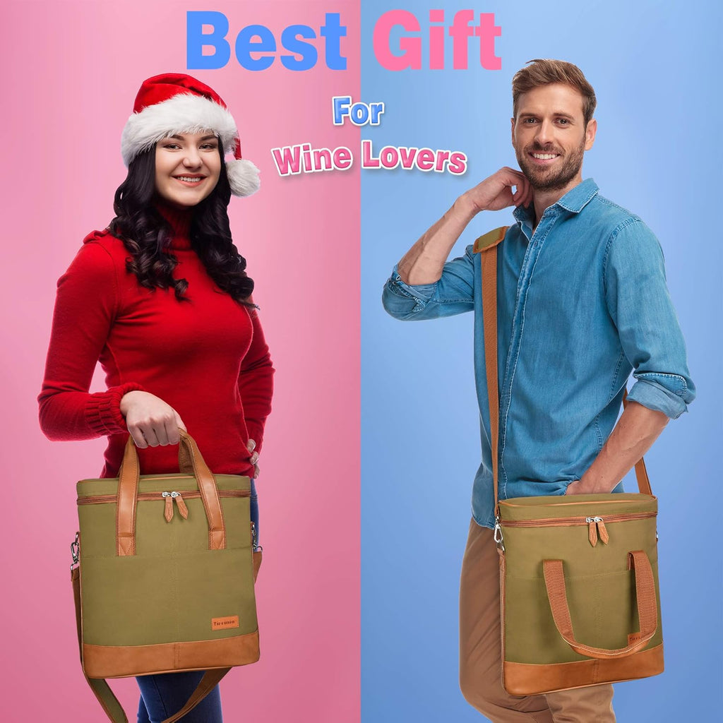Tirrinia Insulated Wine Gift carrier - 3 Bottle Travel Padded Wine Carry Cooler Tote Bag with Handle and Adjustable Shoulder Strap, Khaki