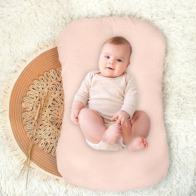 Hooyax Baby Lounger Cover 2 Pack - 100% Muslin Cotton Newborn Lounger Pillow Covers Only, Soft Breathable Infant Lounger Cover with Reinforced Stitching, Fits Most Standard Baby Loungers (Pink Floral)-BubblyBeeBaby