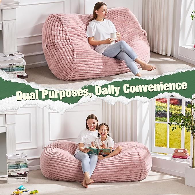 Hobestluk 4FT Bean Bag Chairs Adult Bean Bag with Portable Handle Comfy Large Bean Bag Chair with Removable Cover for Living Room Bedroom or Reading Nook (Stripe Pink, 4FT)-BubblyBeeBaby