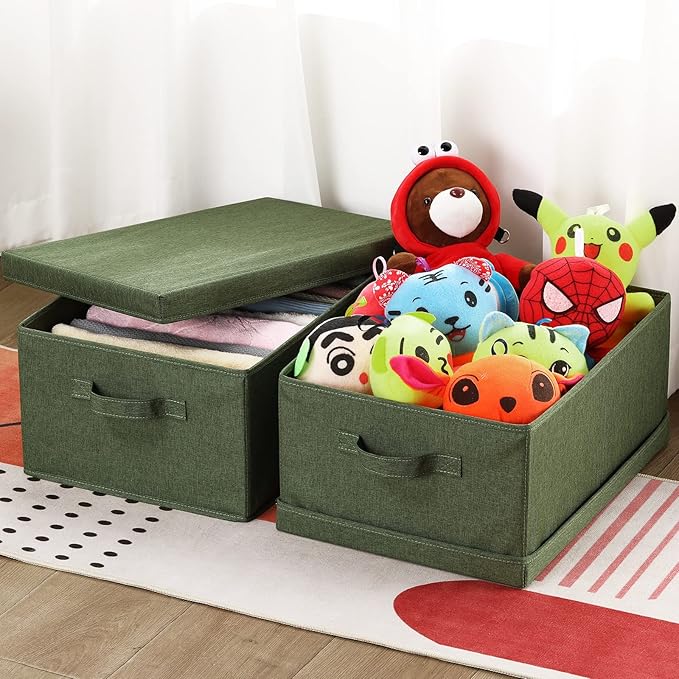 HOONEX Storage Bins with Lids for Organizing, Pack of 2, Storage Boxes with 2 Carrying Handles and Sturdy Heavy Cardboard, 16.5" L x 11.8" W x 7.5" H for Shoes, Books, Clothes, Olive-BubblyBeeBaby