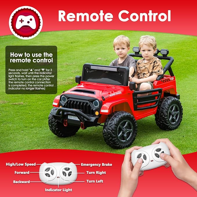 24V 2 Seater Ride On Truck with Remote Control 4WD Electric Car for Kids Ride On Car Battery Powered Ride On Toy Car with Music Player, LED Lights, Bluetooth, Rear Shock Absorber, Red-BubblyBeeBaby