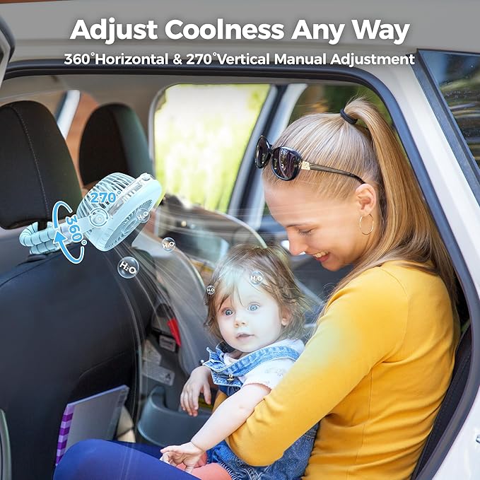 2025 Upgarded 4000mAh Misting Baby Stroller Fan, Rechargeable Battery Operated,Max 15Hrs Cooling,50ml Portable Water Sprayer Misting Fan with Flexible Tripod Clip on Car Seat Crib Treadmill Bunk Bed-BubblyBeeBaby