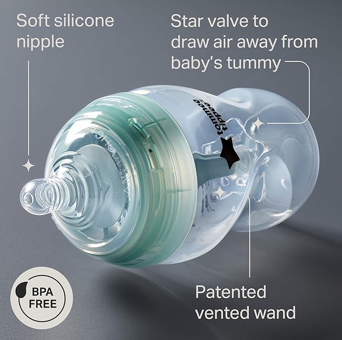 Tommee Tippee Advanced Anti-Colic 5 oz BPA Free Baby Bottles, Newborn 0+ Months, Slow Flow Breast-Like Nipple, Unique Design Keeps Air Away from Milk and Baby, Clear, Pack of 2-BubblyBeeBaby