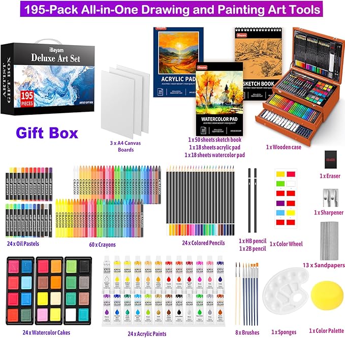 iBayam Deluxe Art Set, 195-Pack Artist Gift Box, Arts and Crafts Drawing Painting Kit Art Supplies for Adults Kids, Art Kits Paint Set with 24 Acrylic Paint, Sketchbook, Canvases, Crayons, Pencils-BubblyBeeBaby