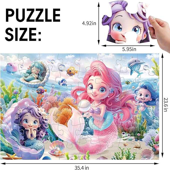 Jumbo Floor Puzzle for Toddlers & Kids Ages 3-5, 48-Piece Mermaid and Underwater Large Jigsaw Puzzle with Educational Fun, Great Gift for Boys & Girls Ages 4-8-BubblyBeeBaby