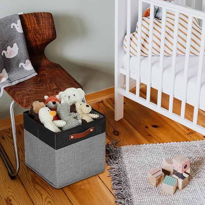 HNZIGE Storage Baskets for Organizing, Set of 4, Square Fabric Storage Cubes Bins 13 x 13, Collapsible Black Storage Bins for Shelves, Closets, Nursery, Home, Office (Black&Grey)-BubblyBeeBaby