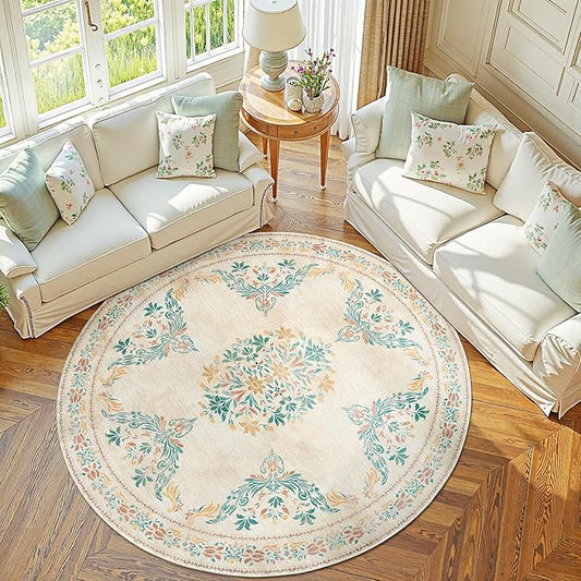 jinchan Round Rug 6ft Area Rugs Vintage Floral Distressed Design,Machine Washable Soft Non-Slip Low-Pile Ultra-Thin Circle Rug for Bedside Living Room Dining Room Bedroom (6' Round, Apricot Multi)-BubblyBeeBaby