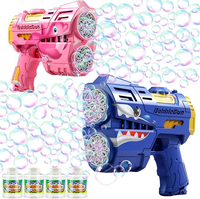 2 Pack Bubble Guns for Kids, LED Light Up Rechargeable Bubbles Machine Blower with 4 Bottles Refill Solution, Toddlers 4-8 Wedding Birthday Easter Party Gift-BubblyBeeBaby
