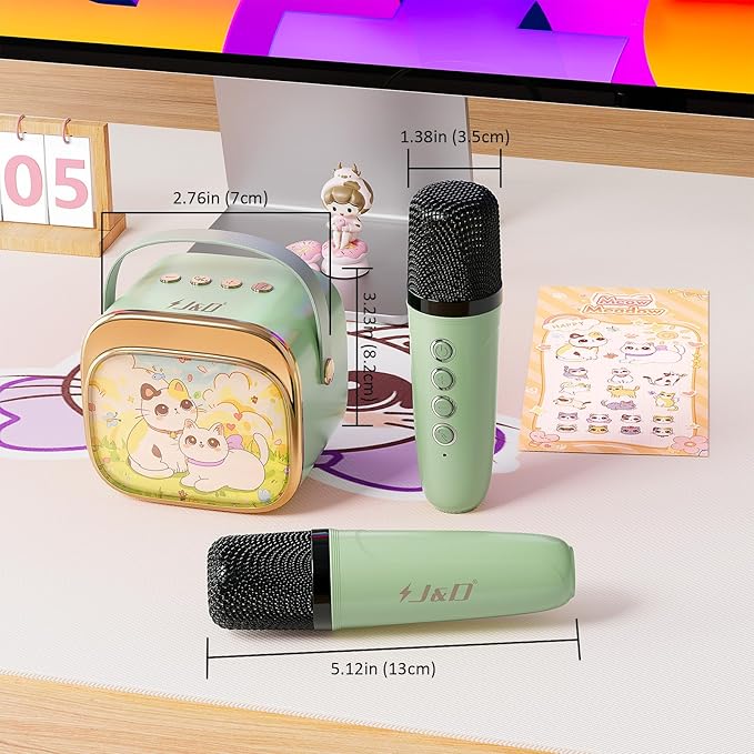 J&D Mini Karaoke Machine for Kids Adults, Portable Bluetooth Speaker with 2 Wireless Mics and Cat Sticker for Girls Boys Age 3–10 Birthday Gifts Princess Toys, Colorful LED, Green-BubblyBeeBaby