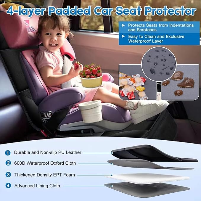 Car Seat Protector 2 Pack Baby Car Seat Covers with Mesh Pockets & Non-Slip Backing 600D Durable Seat Protector Under Baby Car Seat (Gray, Standard)-BubblyBeeBaby