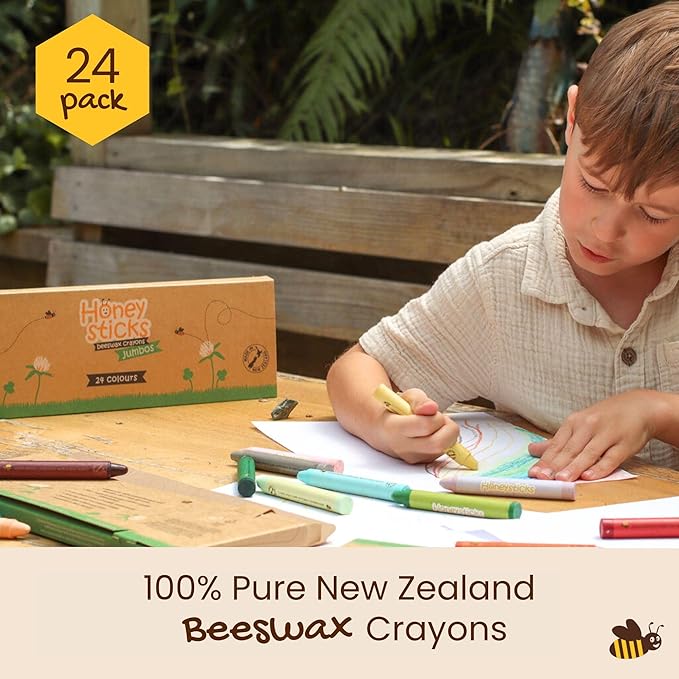 Honeysticks Jumbo Crayons (24 Pack) - Non Toxic Crayons - 100% Pure Beeswax and Food Grade Colors - 24 Bright Colors - Large, Easy to Hold and Use - Preschool Art Supplies for Toddlers/Kids 3-5, 4-8-BubblyBeeBaby