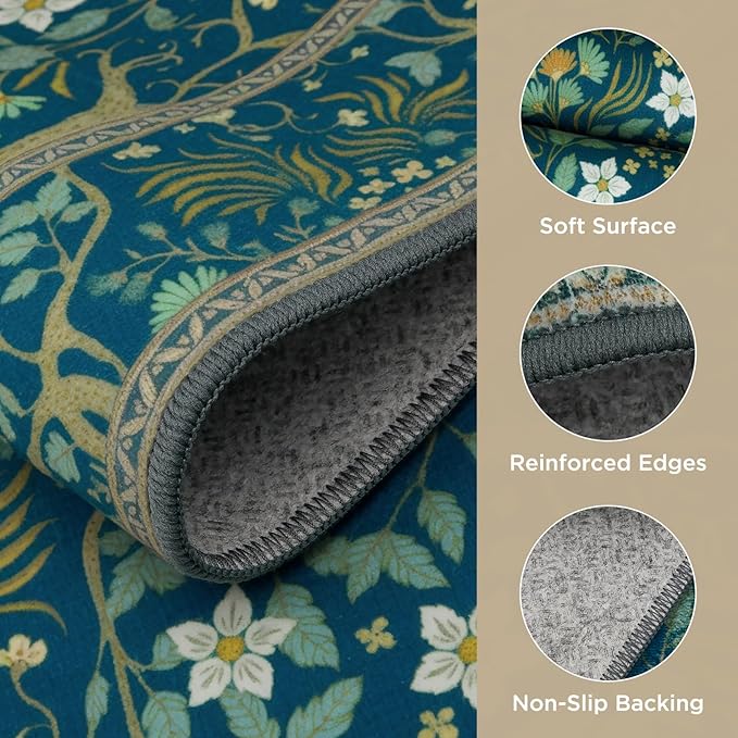 Joydeco Washable Area Rugs 5x7, Boho Floral Dining Room Rug Non Slip, Soft Low-Pile Botanical Forest Indoor Floor Throw Carpet for Living Home Office Playroom Foyer, Dark Blue-BubblyBeeBaby