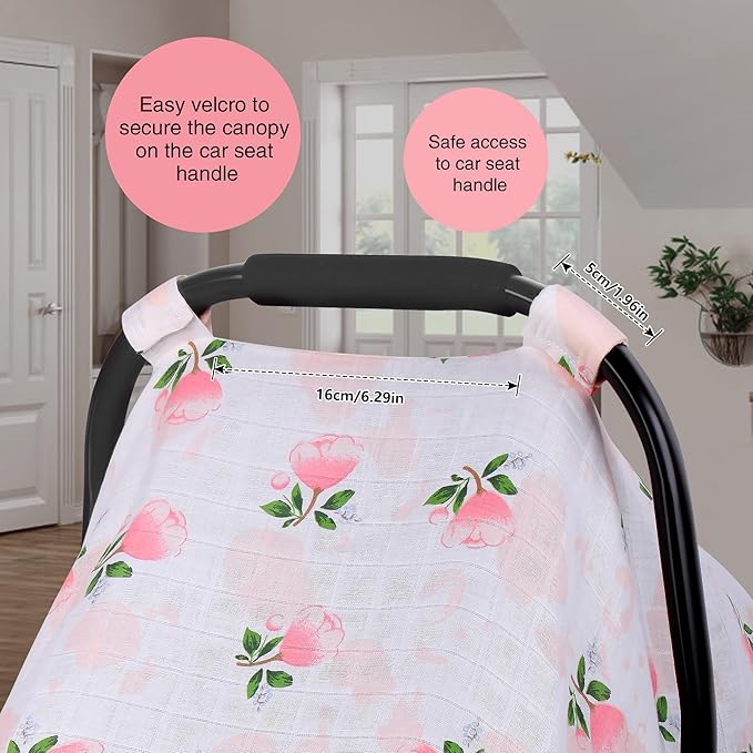 Rquite Car Seat Covers for Babies - 100% Muslin, Lightweight, Soft, Breathable Baby Carrier Cover - Summer Stroller Canopy (Pink Flower)-BubblyBeeBaby