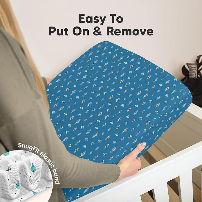 KeaBabies 2-Pack Organic Crib Sheets for Boys, Girls - 52x28 Fitted Crib Mattress Sheet Neutral, Breathable Jersey Cotton Cover for Baby Bed, Toddler Mattress, Soft & Cute Prints (Space Quest)-BubblyBeeBaby