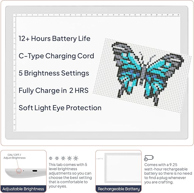 iVyne Rechargeable A4 Light Pad for Diamond Painting & Art Projects – LED Light Board with Diamond Art Accessories – Ultra-Thin & Portable Diamond Dot Light Board, Perfect for Artists - White-BubblyBeeBaby