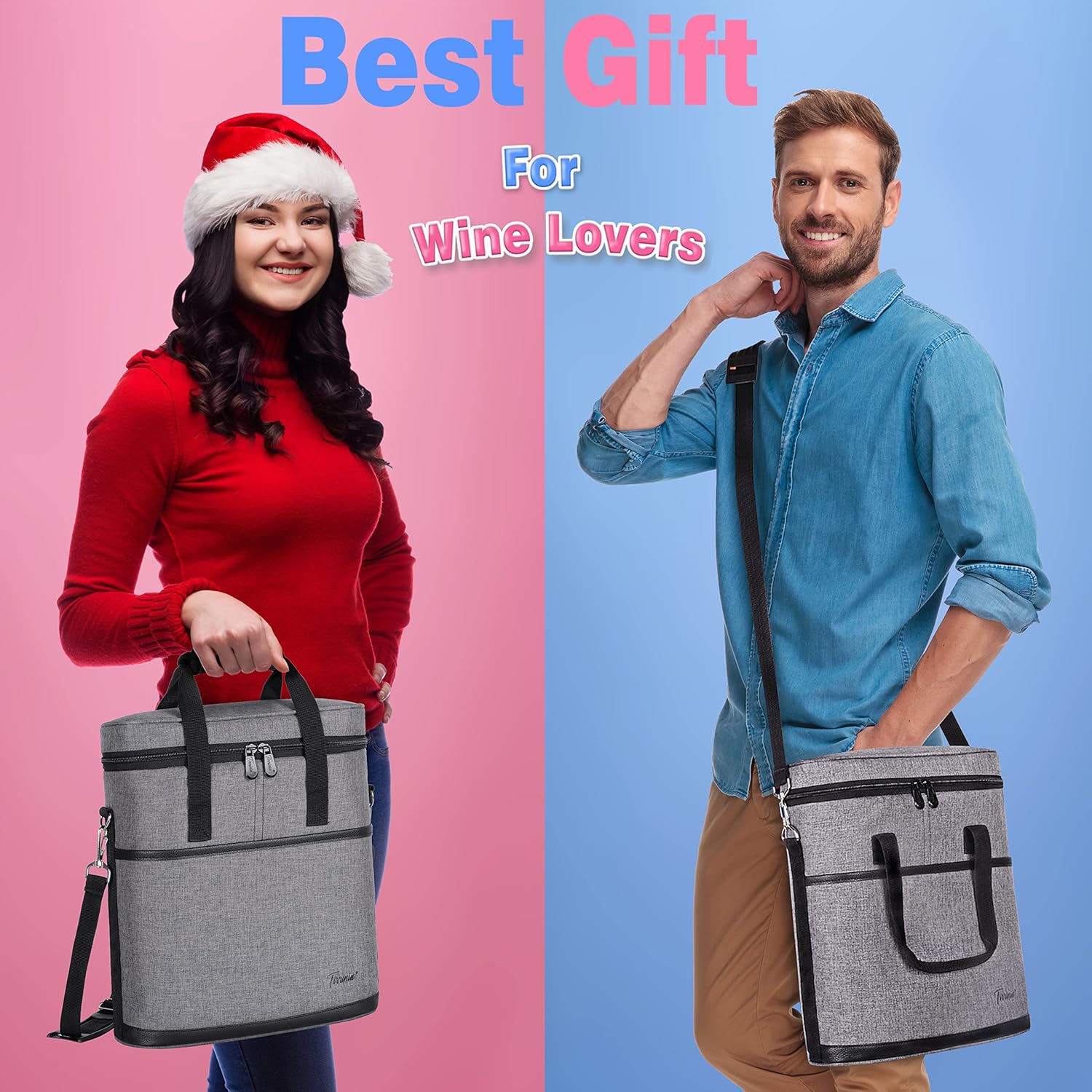 Tirrinia Insulated Wine Gift carrier - 3 Bottle Travel Wine Carry Cooler Tote Bag with Handle and Adjustable Shoulder Strap, Grey