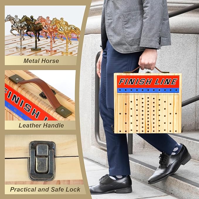 21 Inches Horse Racing Game, Horse Race Board Games with 11 Luxury Metal Horses,Thickened Wood Chessboard,Chips,Cards and Dice,Classic Wooden Table Top Board Games for Adults and Family-BubblyBeeBaby