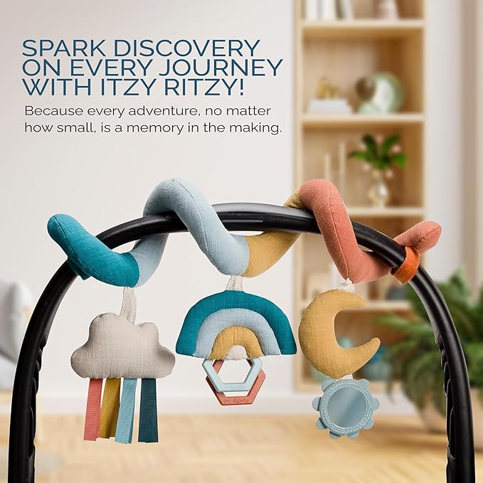 Itzy Ritzy Spiral Car Seat & Stroller Activity Toy - Stroller & Car Seat Toys for Ages 0 Months and Up - Hanging Toys Include Clinking Rings, Mirror and Textured Ribbons (Rainbow)-BubblyBeeBaby