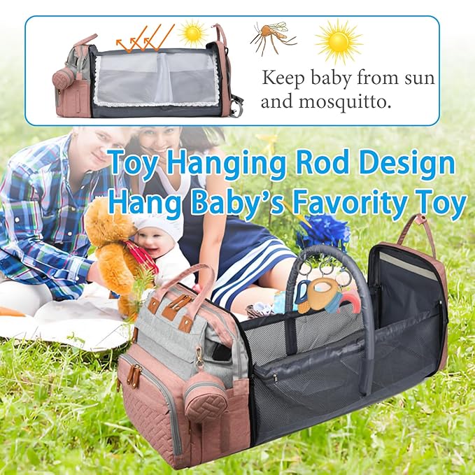 Jeryswet Baby Diaper Bags with Changing Station, Waterproof Large Capacity Diaper Bag Backpack for Moms Dads with USB Charging Port and Stroller Straps, Baby Shower Gifts, Pink-Grey-BubblyBeeBaby