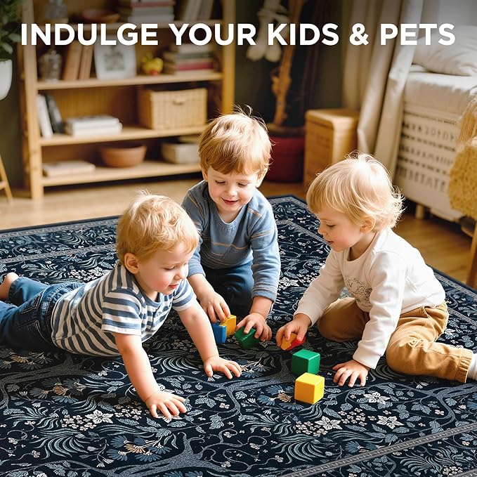 Joydeco Machine Washable Area Rugs 5x7, Boho Floral Rug for Bedroom Non Slip, Soft Forest Botanical Low-Pile Floor Indoor Throw Carpet for Living Dining Room Dorm Office, Blue-Black-BubblyBeeBaby