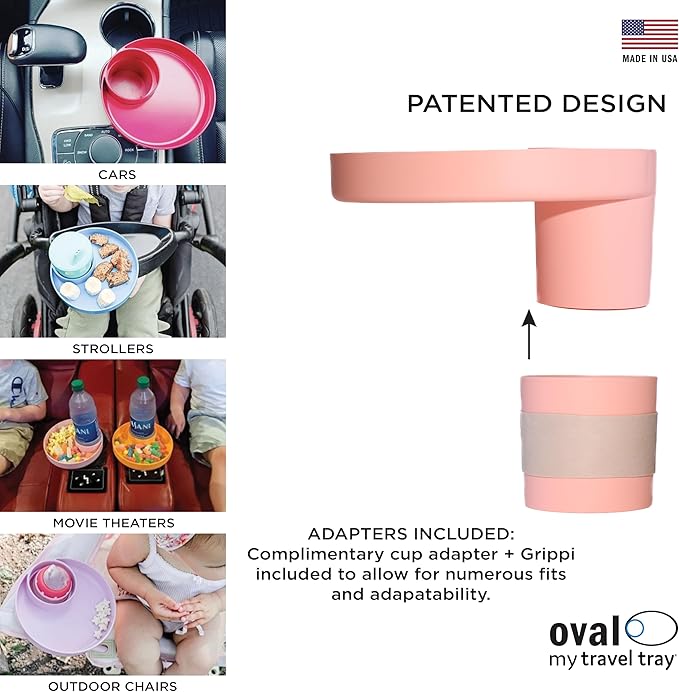 Travel Tray Oval USA Made Extend Your Current Cup Holder to Hold Your Cup Plus A Tray for Snacks, Toys and Accessories. Use in a Car Seat, Booster, Stroller, Golf Cart, Outdoor Chair, (Peach)-BubblyBeeBaby