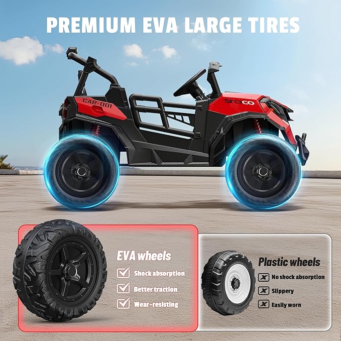 24V 2 Seater Ride on Car Truck, 4x200W, EVA Tires, 4WD/2WD, Rainbow Lights, Remote Control, Shock Absorbers, Bluetooth, Ride On UTV Toy for Kids Ages 3-8, Red-BubblyBeeBaby
