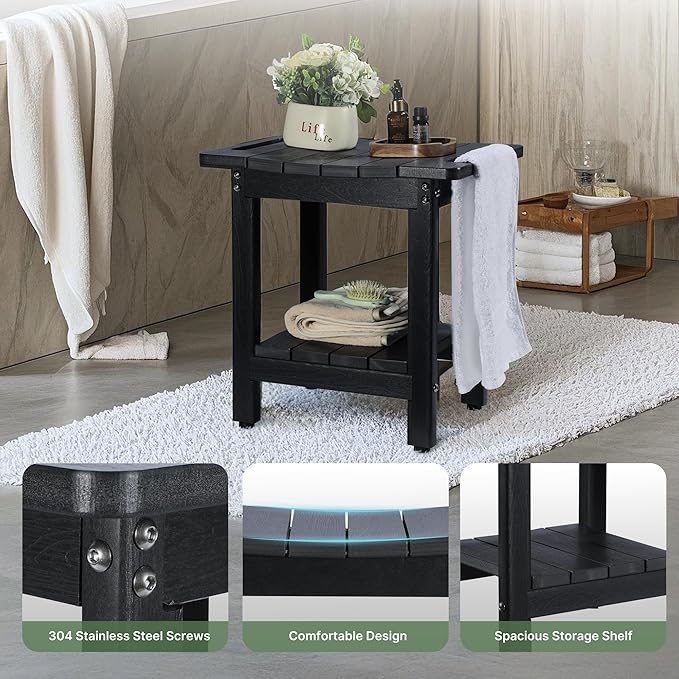 HDPE Shower Bench Seat Capacity 300LB, Waterproof Bathroom Stool with Side Carry Holes, Compact 16.8" L Design, Non-Slip Shower Seat for Elderly, Shaving Legs & Spa - Indoor/Outdoor Use(Black)-BubblyBeeBaby