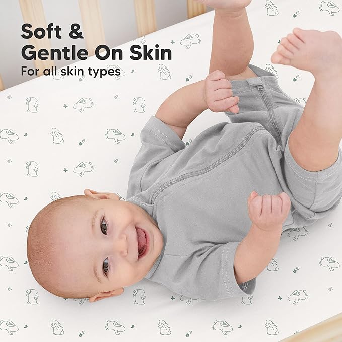 KeaBabies 2-Pack Organic Crib Sheets for Boys, Girls - 52x28 Fitted Crib Mattress Sheet Neutral, Breathable Jersey Cotton Cover for Baby Bed, Toddler Mattress, Soft & Cute Prints (Bunnies)-BubblyBeeBaby