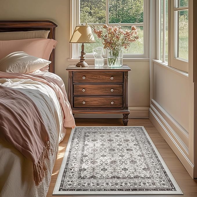 jinchan Floral 3x5 Area Rugs for Entryway - Beige Vintage Distressed Design Doormat Non-Slip Ultra-Thin Low Pile Boho Rug for Kitchen Living Room Bedroom Farmhouse (3‘x5',Beige)-BubblyBeeBaby