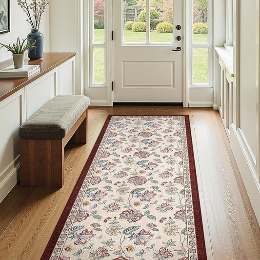jinchan 3x8 Floral Runner Rug for Hallway Washable Kitchen Runner Vintage Romance Design Non Slip Thin Indoor Floor Cover Low-Profile Throw Carpet for Entryway Bathroom Bedroom Porch, Red/Beige-BubblyBeeBaby